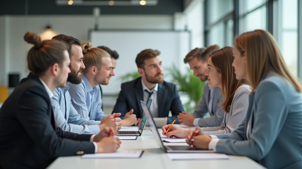 Gruppe von internationalen Fachkräften unterschiedlicher Nationalität in moderner Arbeitssituation zusammen arbeitend