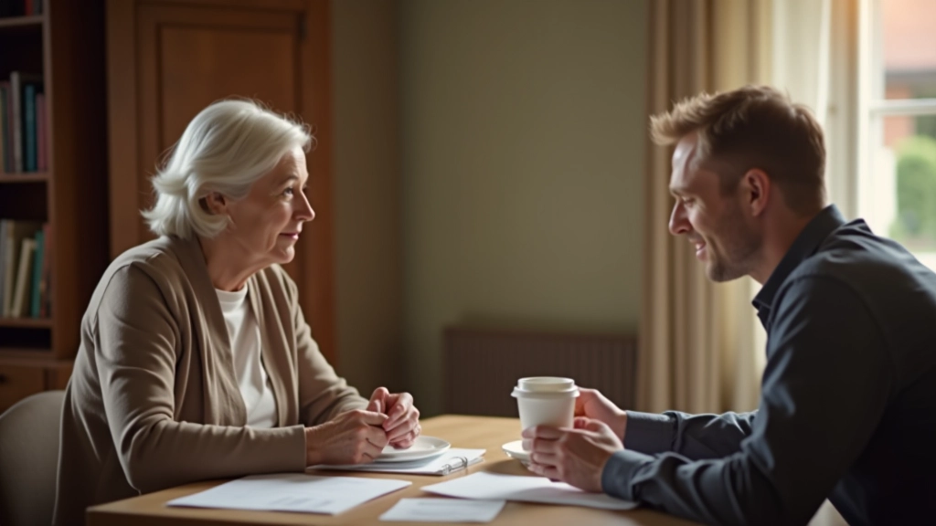 Ältere Frau und jüngerer Mann im Gespräch am Esstisch mit Dokumenten und Tasse Kaffee